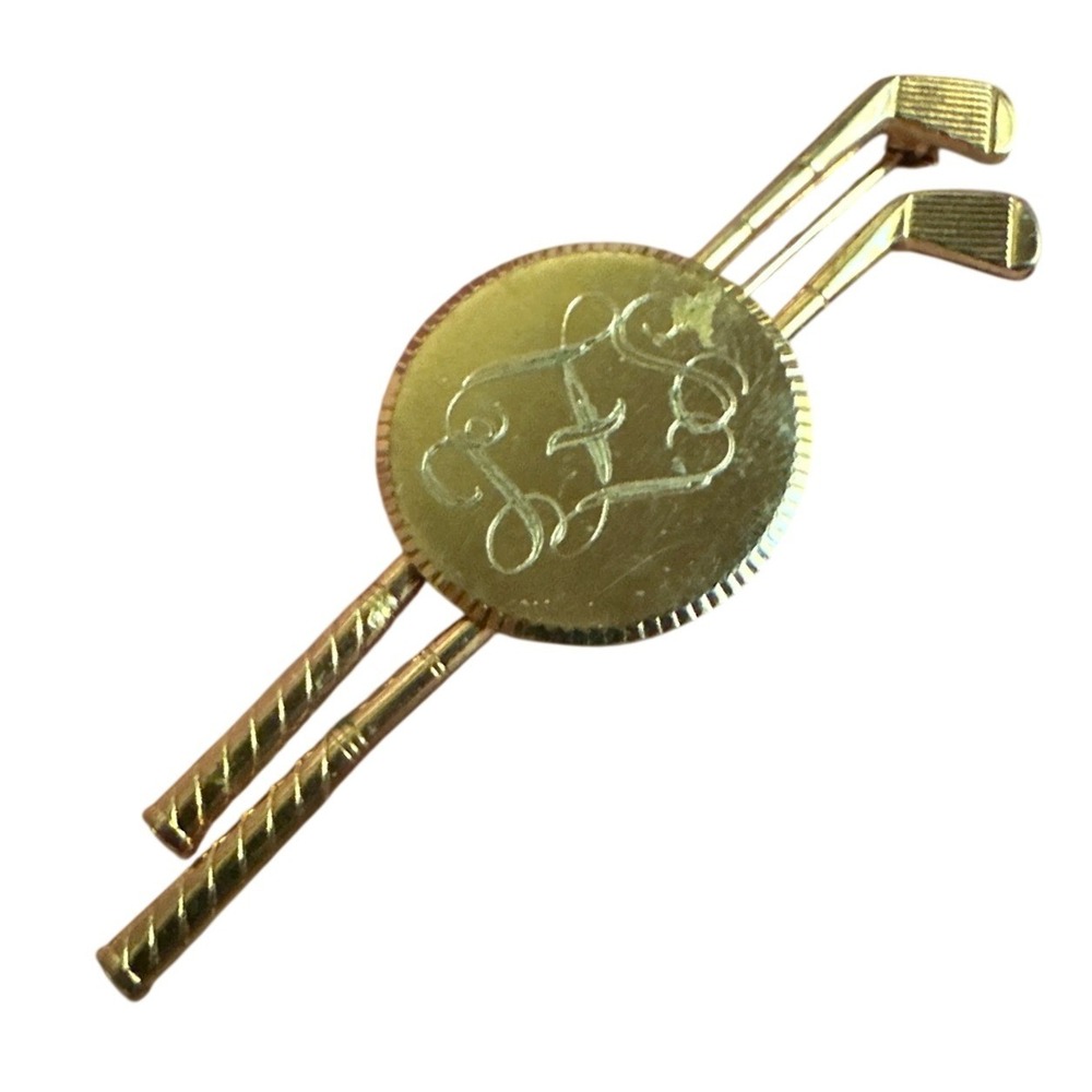 Vintage Gold Tone Golf Clubs Monogram Brooch Pin Sports Jewelry